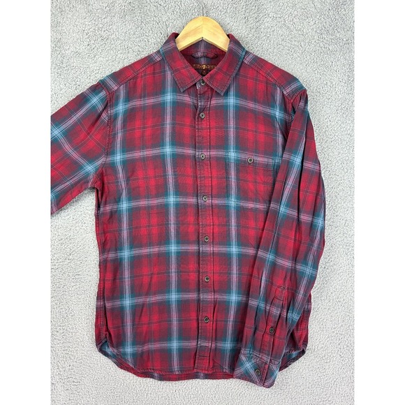 7 For All Mankind Shirt Mens Medium Red Blue Plaid Button Up Long Sleeve Casual - Picture 1 of 8